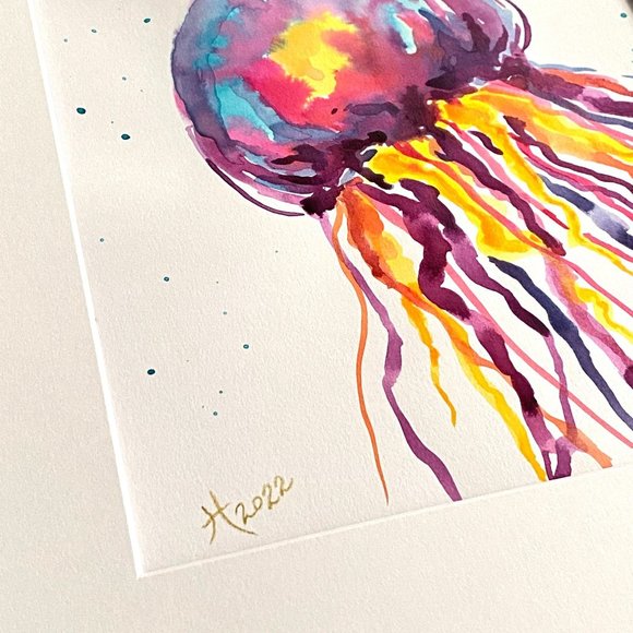 Colorful Jelly 3 -Original Wall Art Watercolor Painting Matted Frame Ready 11x14 - Picture 5 of 7